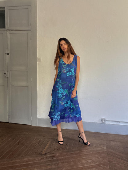 Vintage Blue Floral Midi Dress, Ruffle Hem — additional view 8