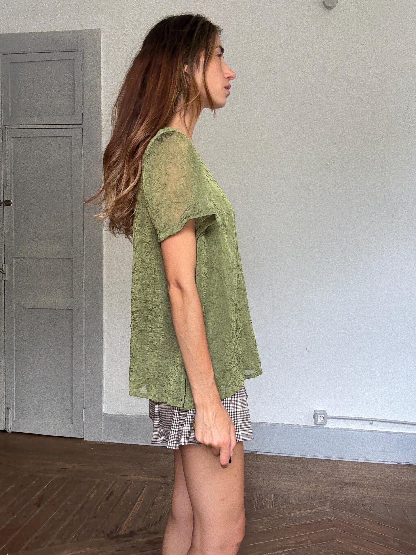 Vintage Blue & Blouze sage green sheer top – see-through crinkled blouse w/ back button, cottagecore romantic look, size EU 50