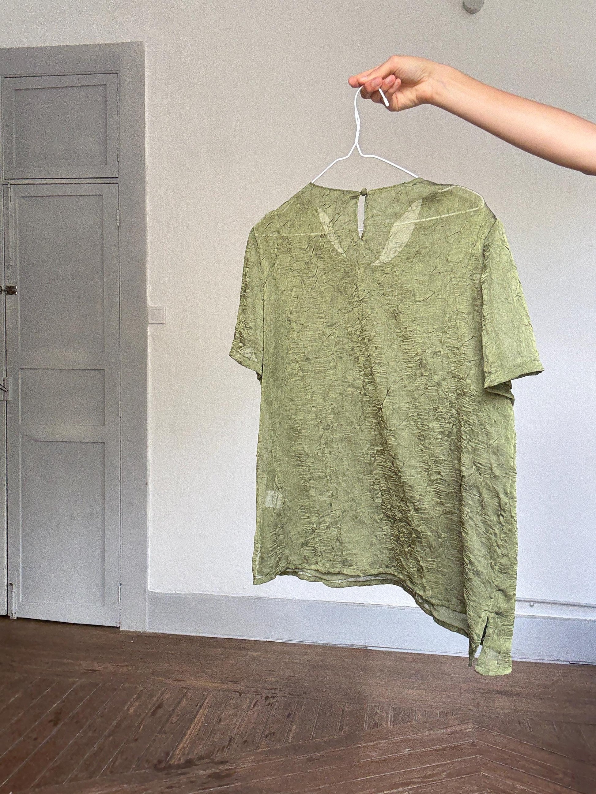 Vintage Blue & Blouze sage green sheer top – see-through crinkled blouse w/ back button, cottagecore romantic look, size EU 50