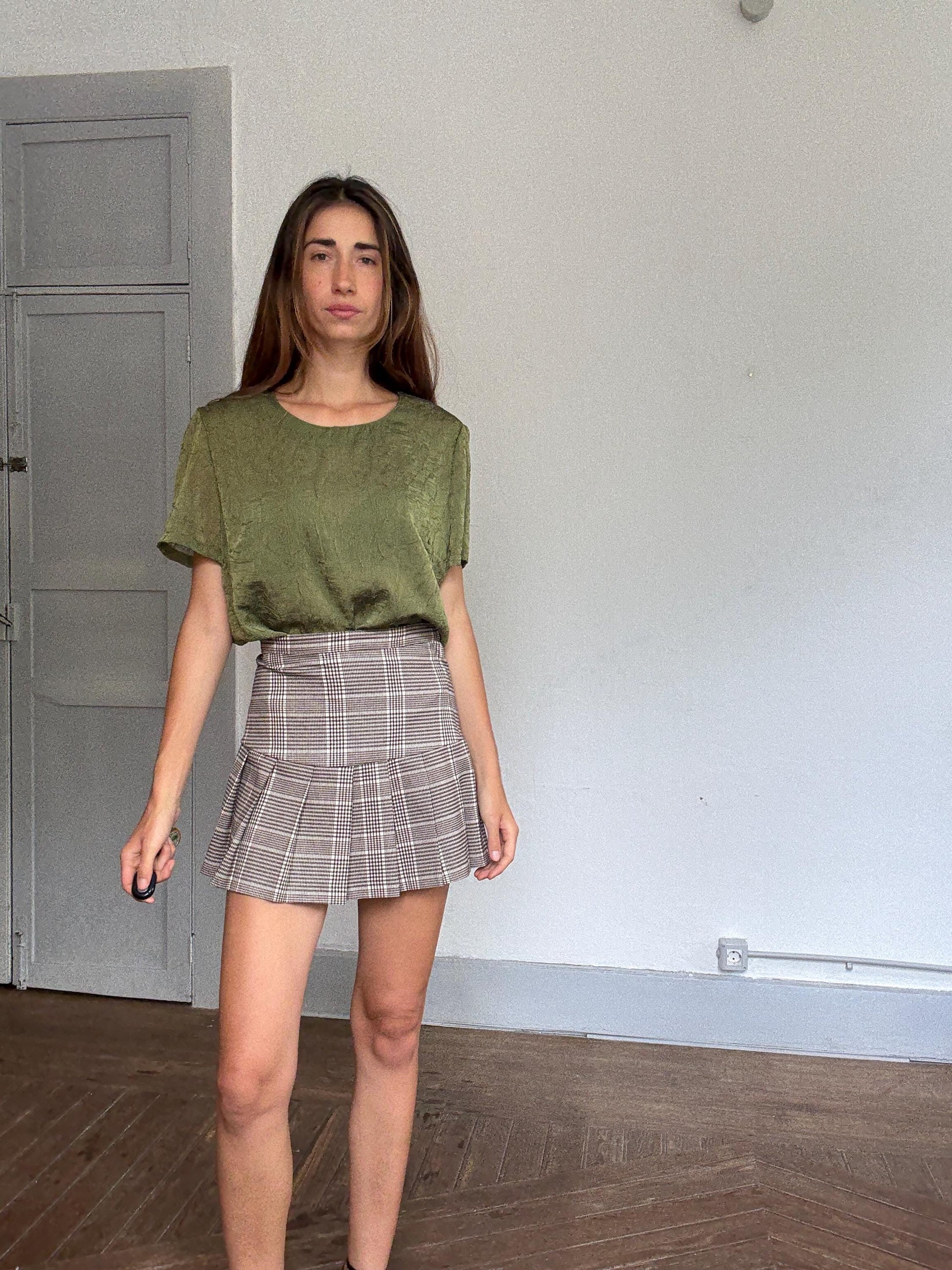 Vintage Blue & Blouze sage green sheer top – see-through crinkled blouse w/ back button, cottagecore romantic look, size EU 50