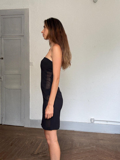 Black Strapless Mini Dress With Sheer Panel — back view