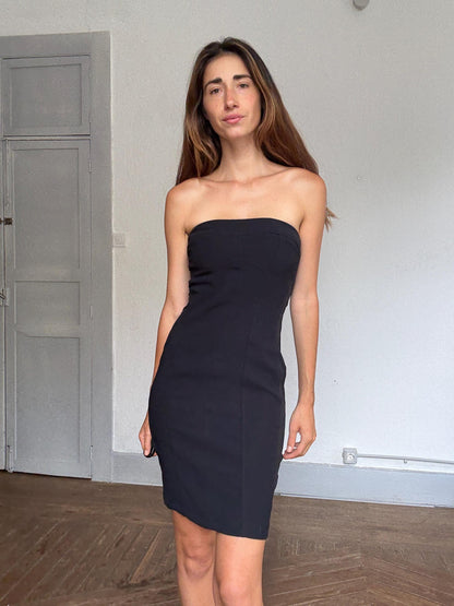 Black Strapless Mini Dress With Sheer Panel