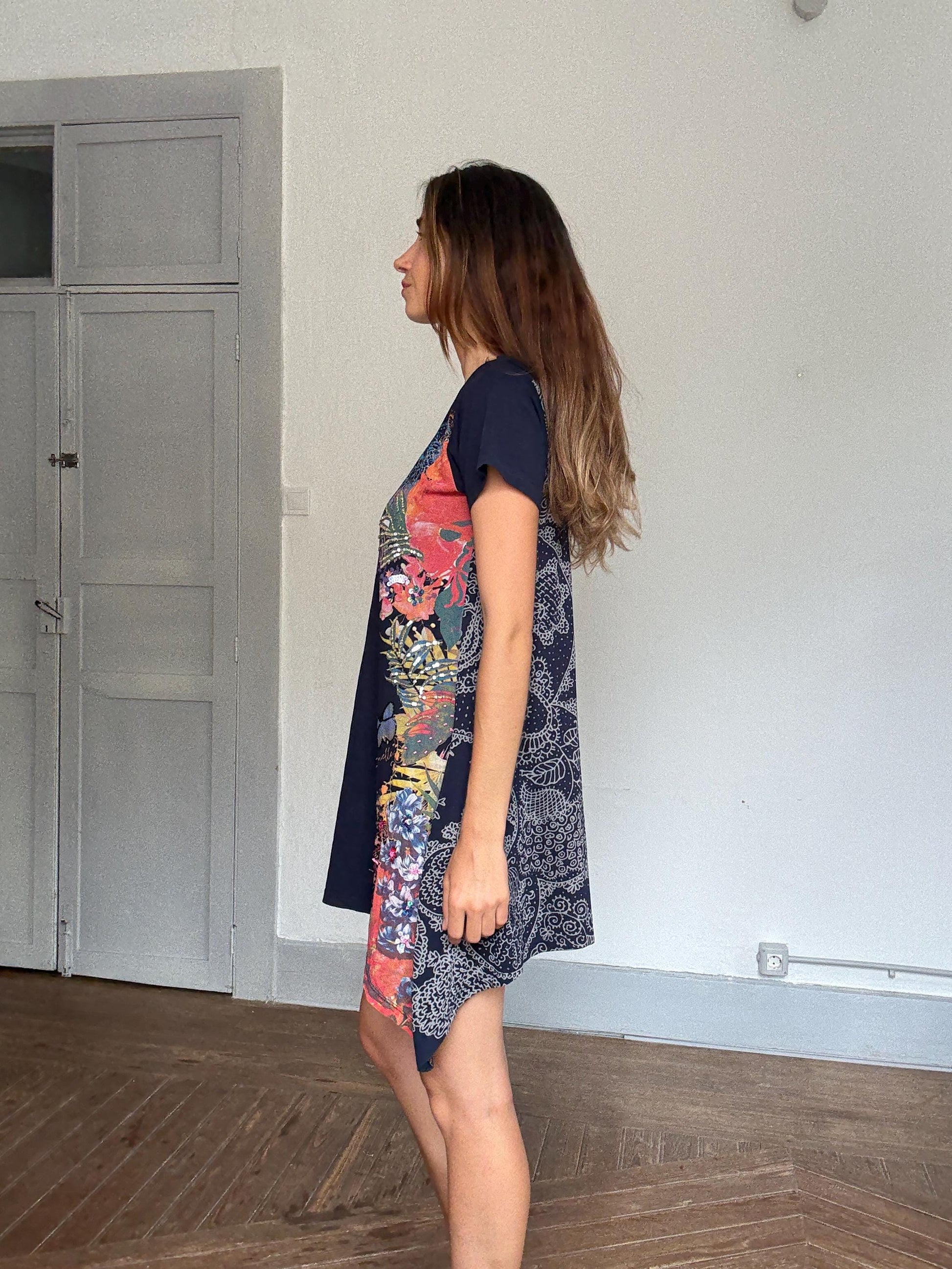 Desigual navy blue mini dress – asymmetric hem, bold floral print, boho artwear energy