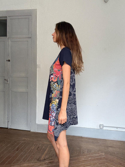 Navy Blue Asymmetric Floral Mini Dress — fabric close-up