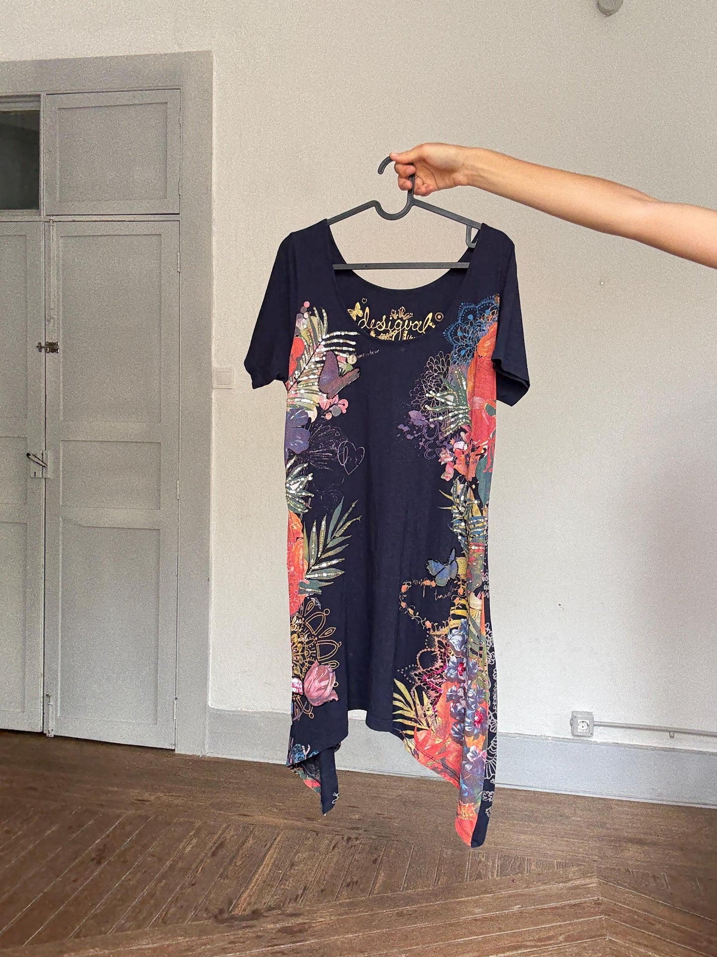 Desigual navy blue mini dress – asymmetric hem, bold floral print, boho artwear energy