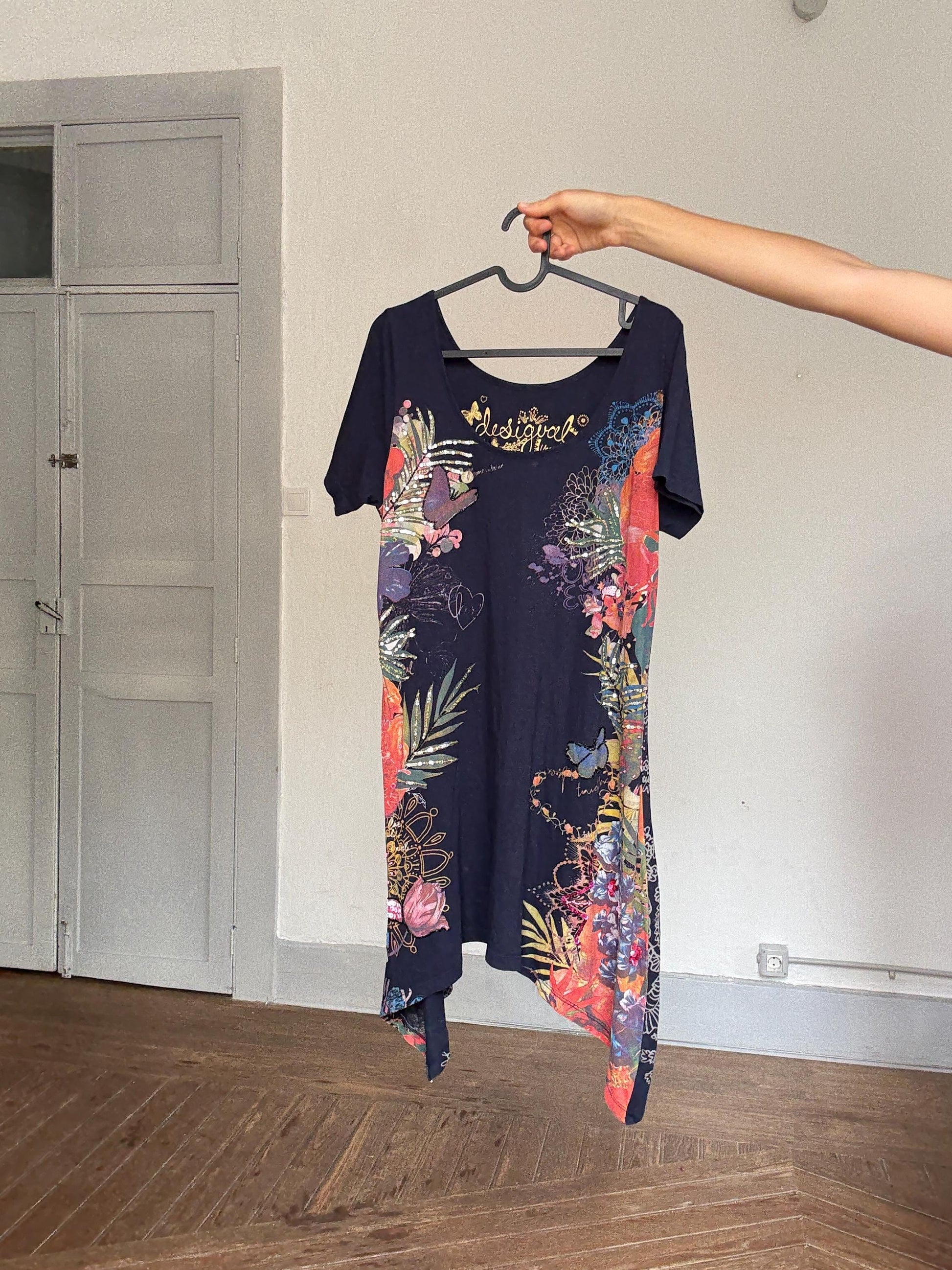 Desigual navy blue mini dress – asymmetric hem, bold floral print, boho artwear energy