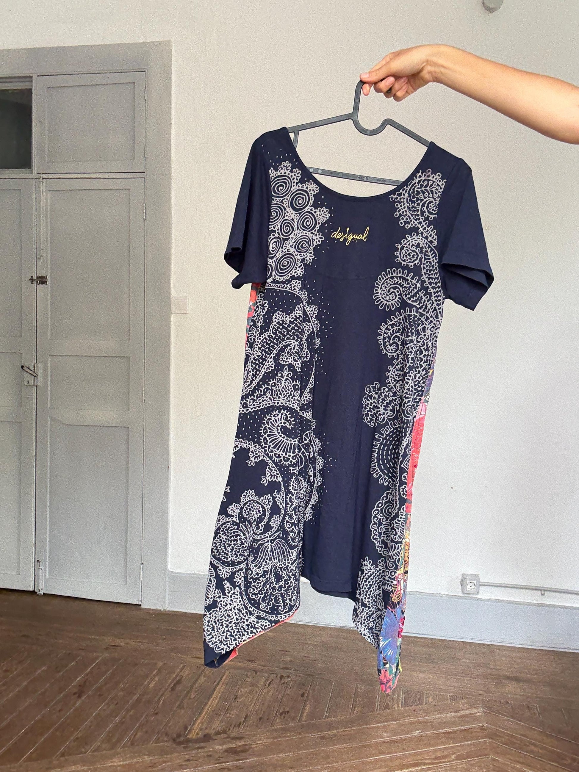 Desigual navy blue mini dress – asymmetric hem, bold floral print, boho artwear energy