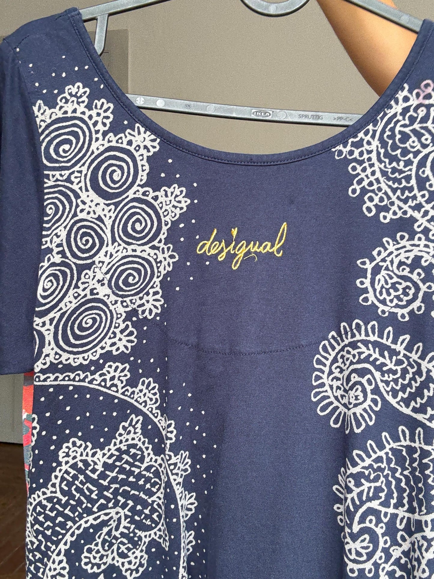 Desigual navy blue mini dress – asymmetric hem, bold floral print, boho artwear energy