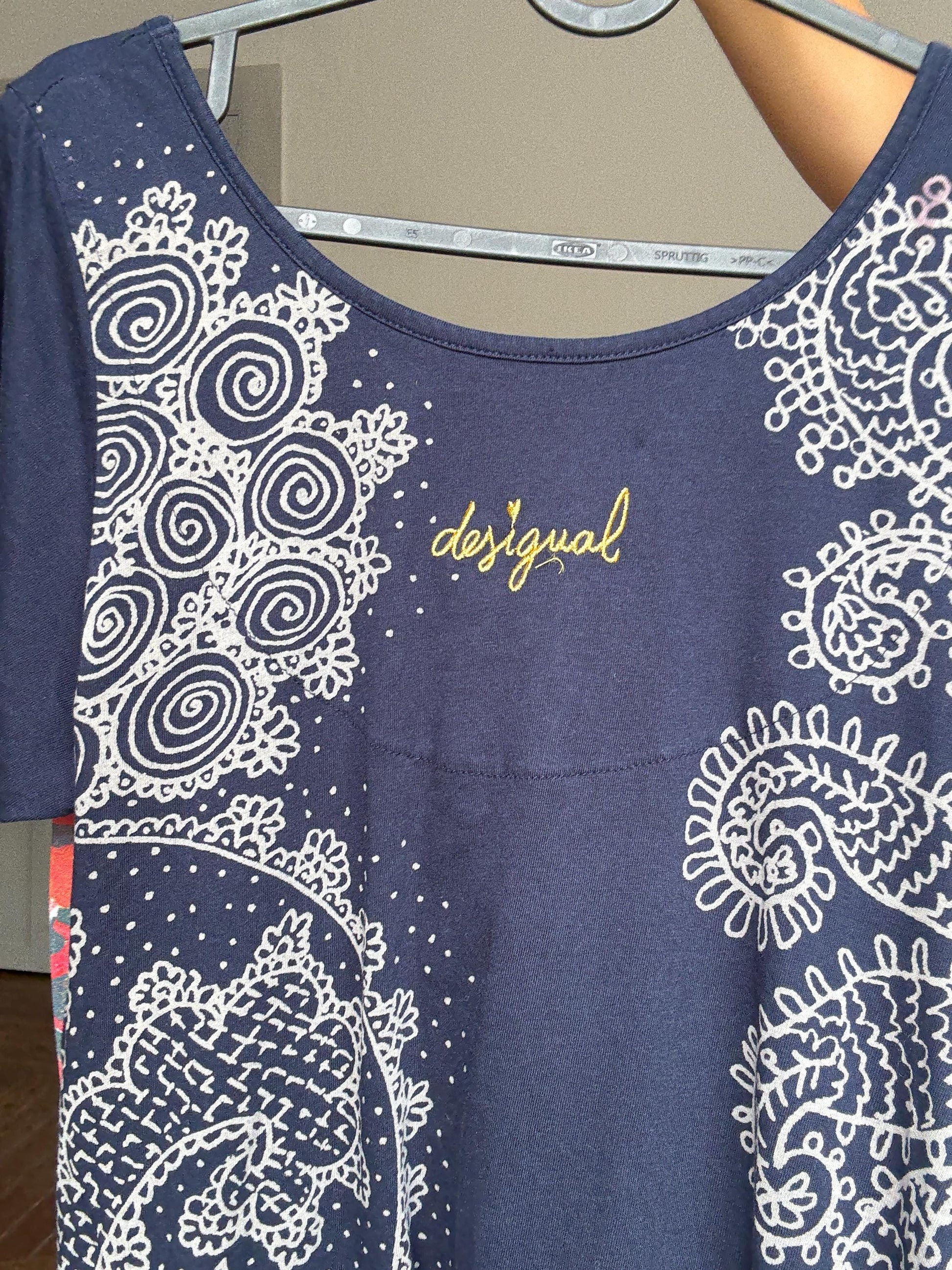 Desigual navy blue mini dress – asymmetric hem, bold floral print, boho artwear energy