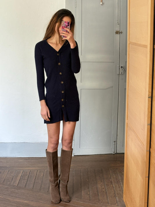 Vintage Navy Wool Blend Mini Dress | Massimo Dutti | Cozy Y2K Academia Fit