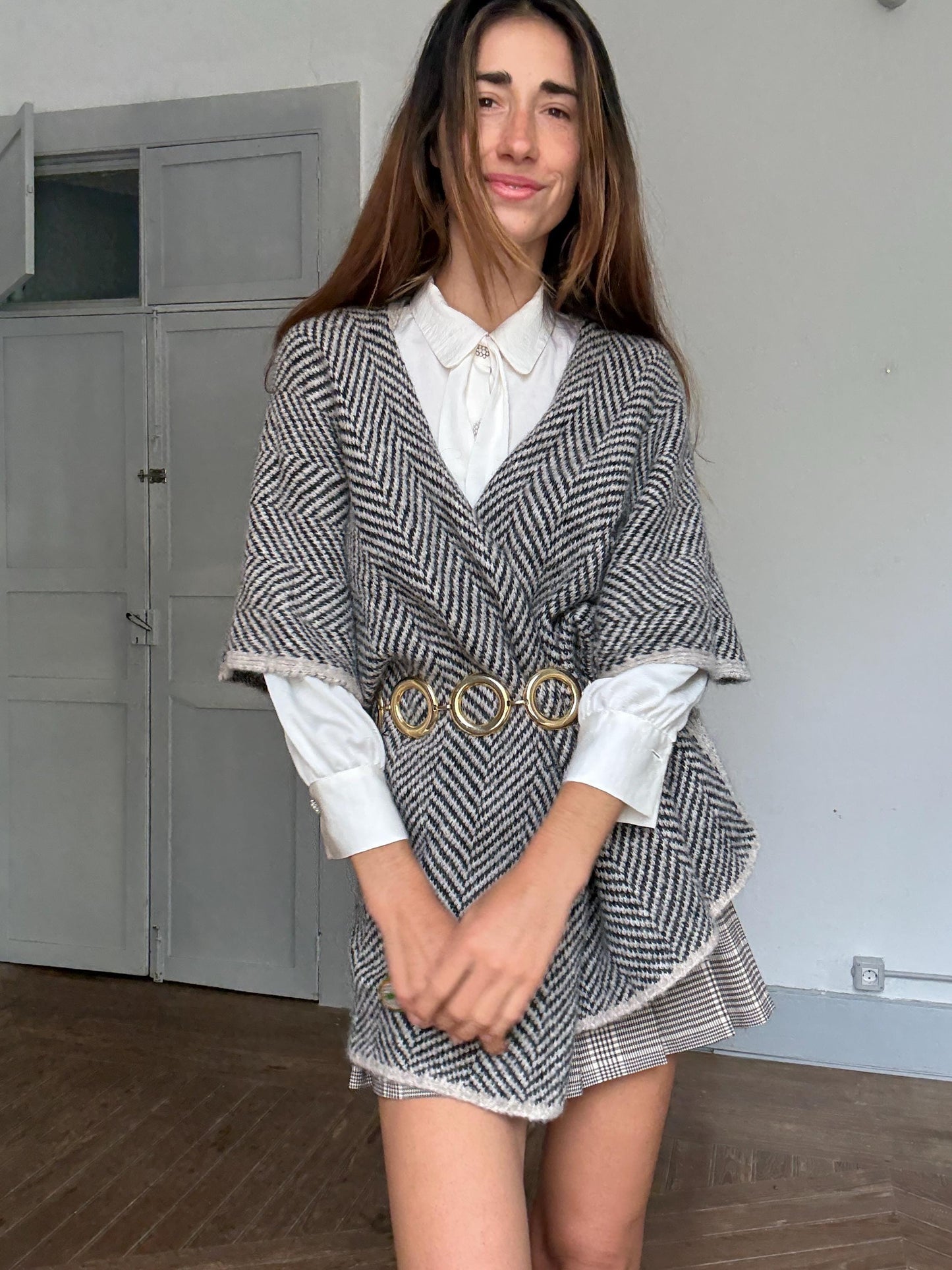 Massimo Dutti herringbone alpaca wool poncho – made in Italy – cozy layering piece - preppy outfit, all season fit, light academic