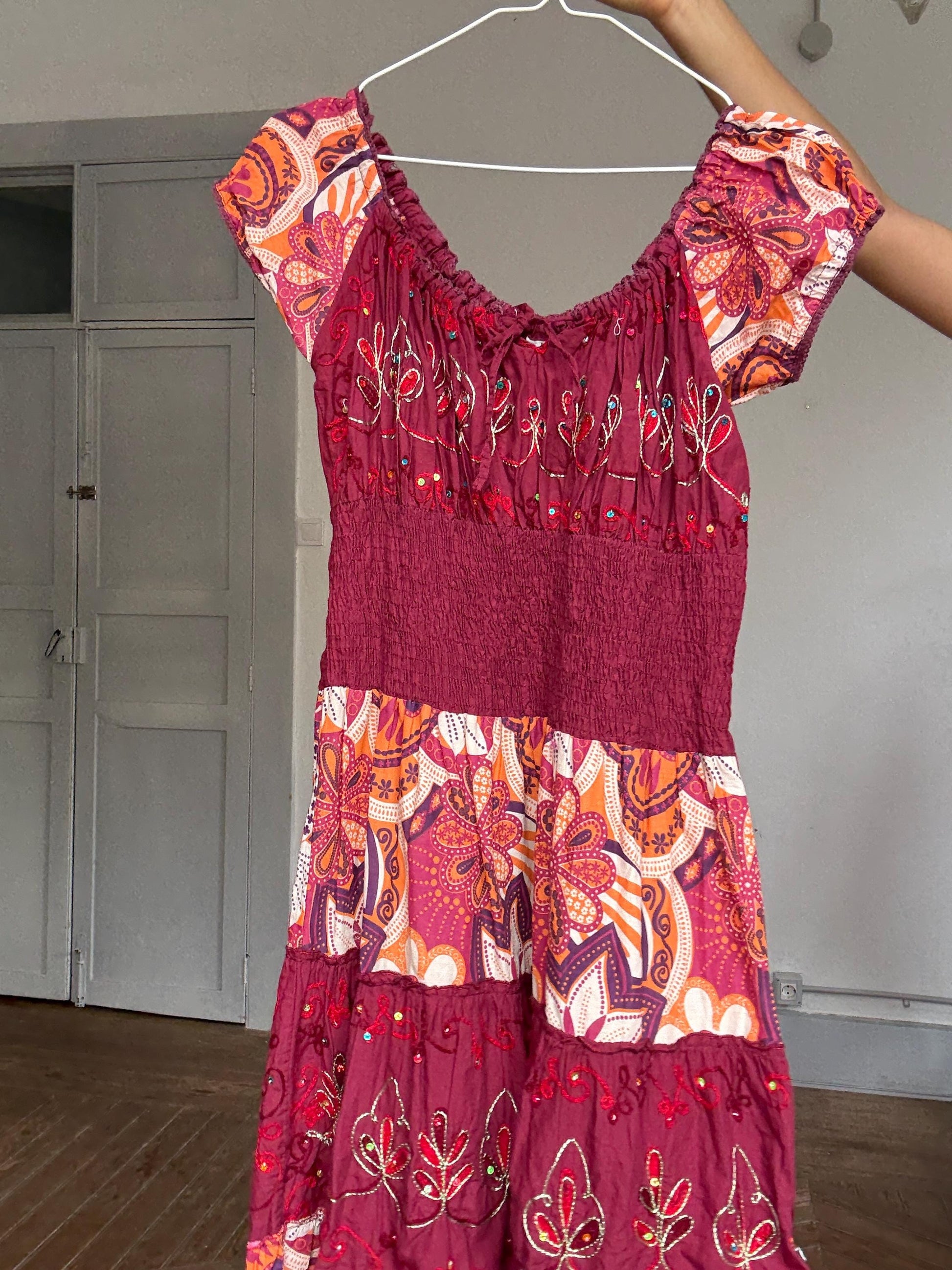 Boho festival midi dress, Coachella-worthy folk fit | Lana Del Rey off shoulder fairycore look, Size L