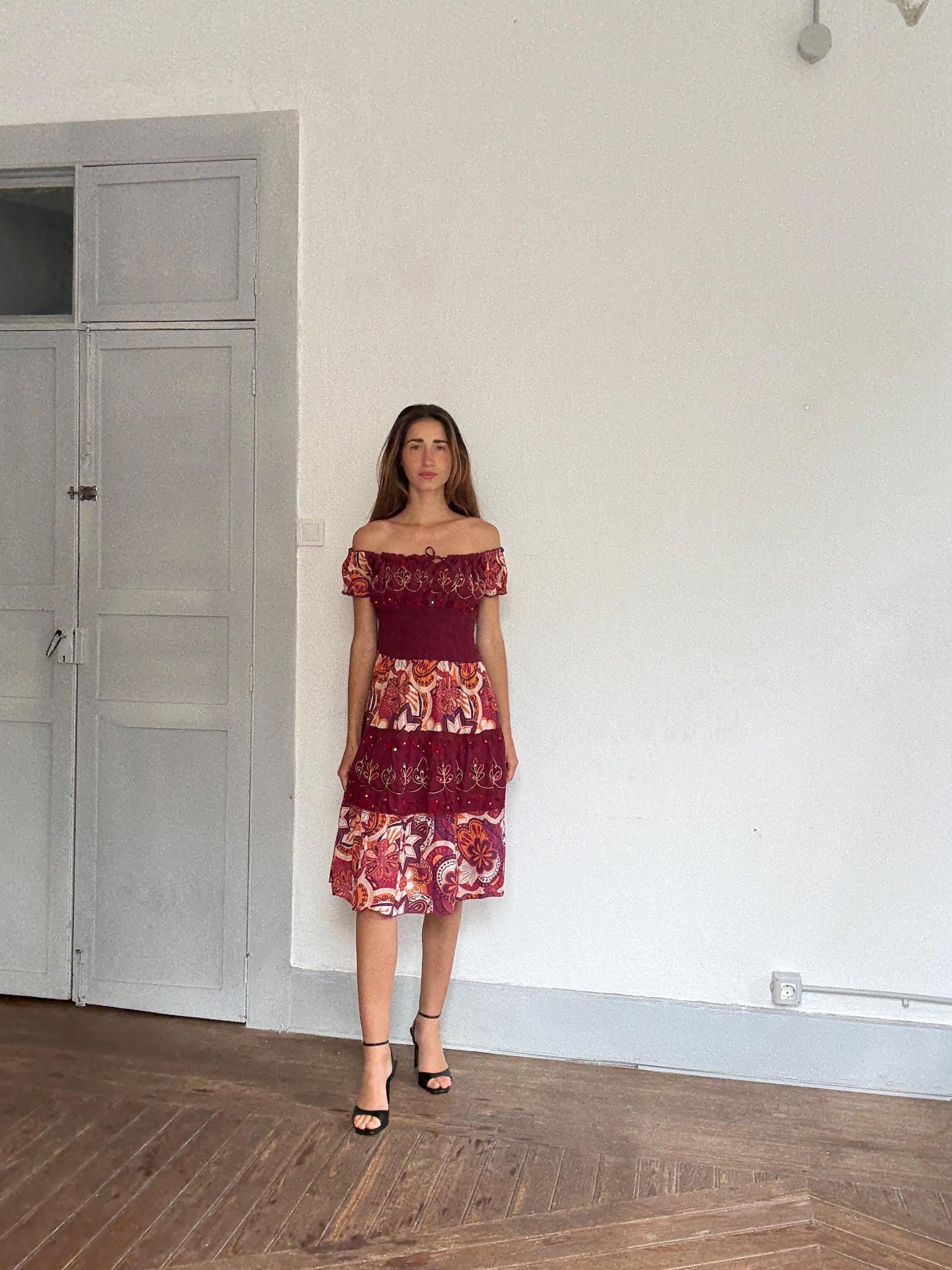 Boho festival midi dress, Coachella-worthy folk fit | Lana Del Rey off shoulder fairycore look, Size L