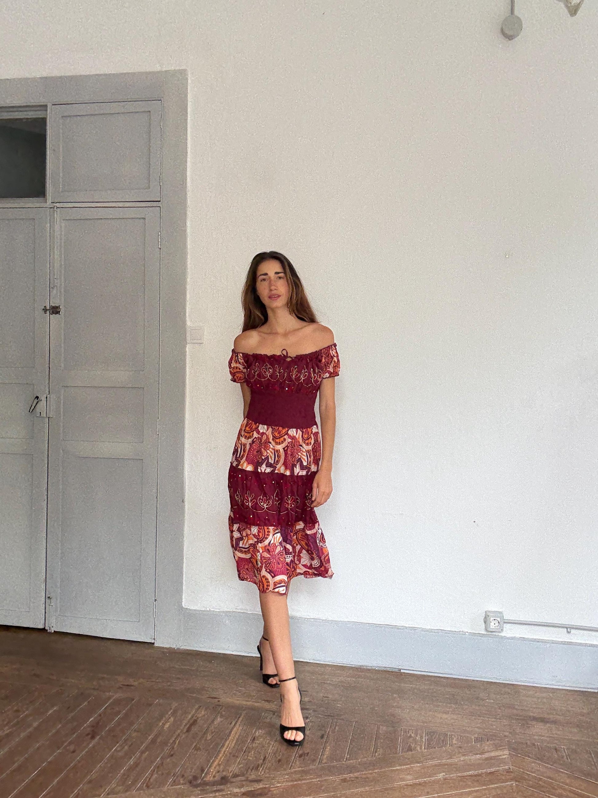 Boho festival midi dress, Coachella-worthy folk fit | Lana Del Rey off shoulder fairycore look, Size L