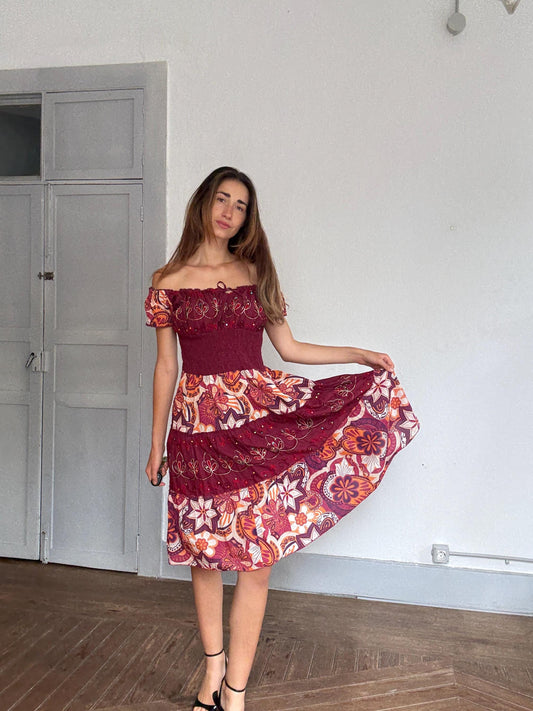 Boho festival midi dress, Coachella-worthy folk fit | Lana Del Rey off shoulder fairycore look, Size L