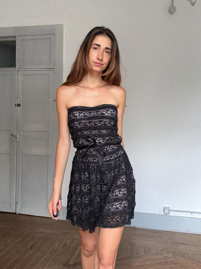 Black Lace Mini Dress, Gothic Y2K Morgan Strapless