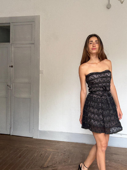 Black Lace Mini Dress, Gothic Y2K Morgan Strapless