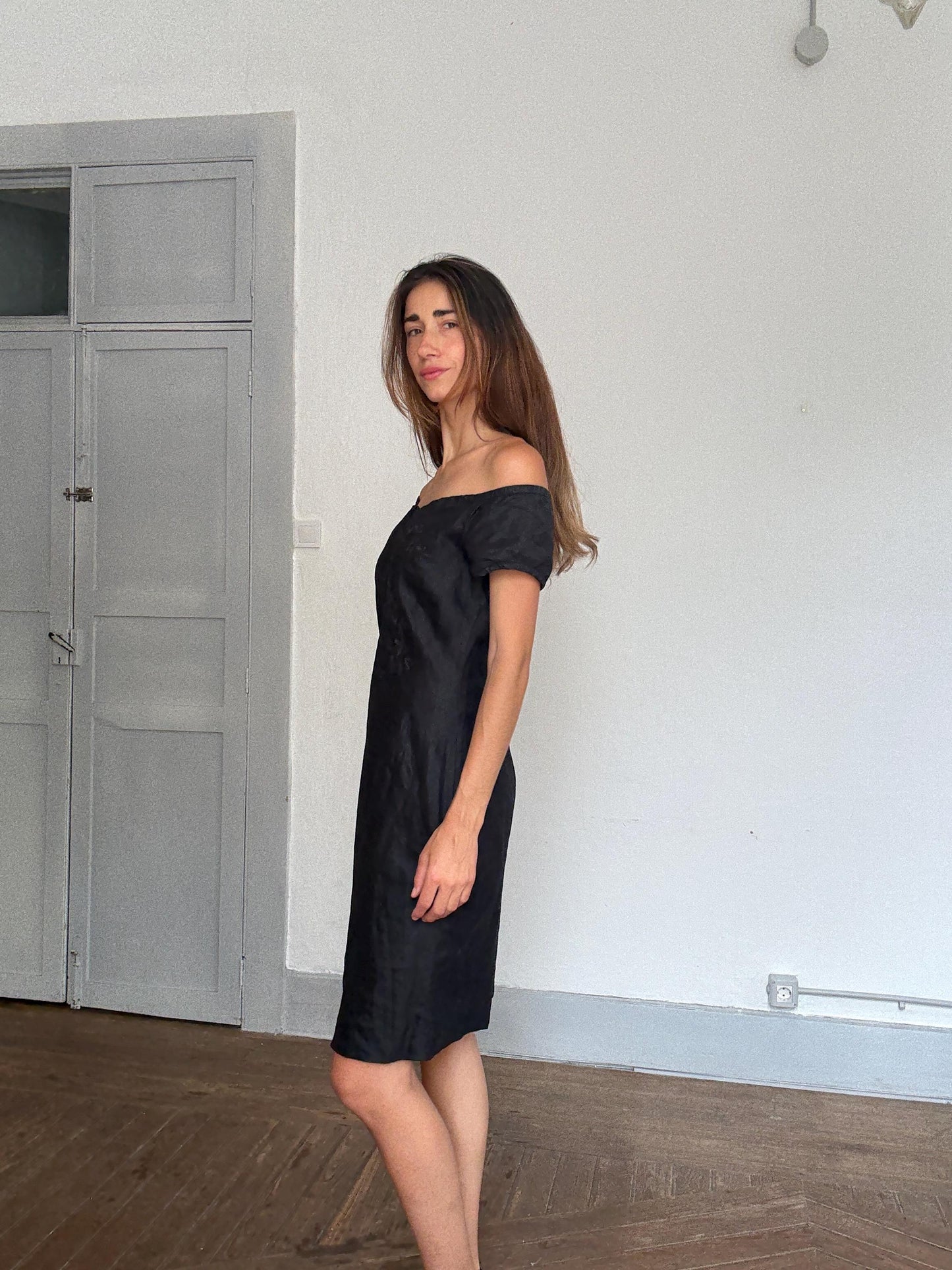 Black Floral Off-Shoulder Dress – United Colors of Benetton Style – Soft Synthetic Fabric – Size S by Measurements