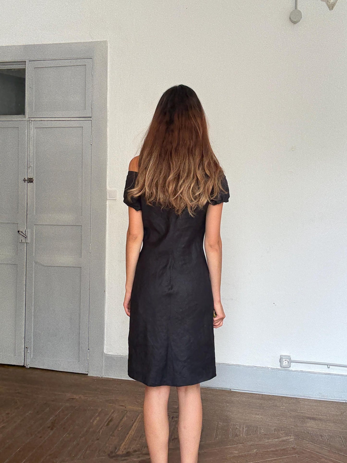 Black Floral Off-Shoulder Dress – United Colors of Benetton Style – Soft Synthetic Fabric – Size S by Measurements