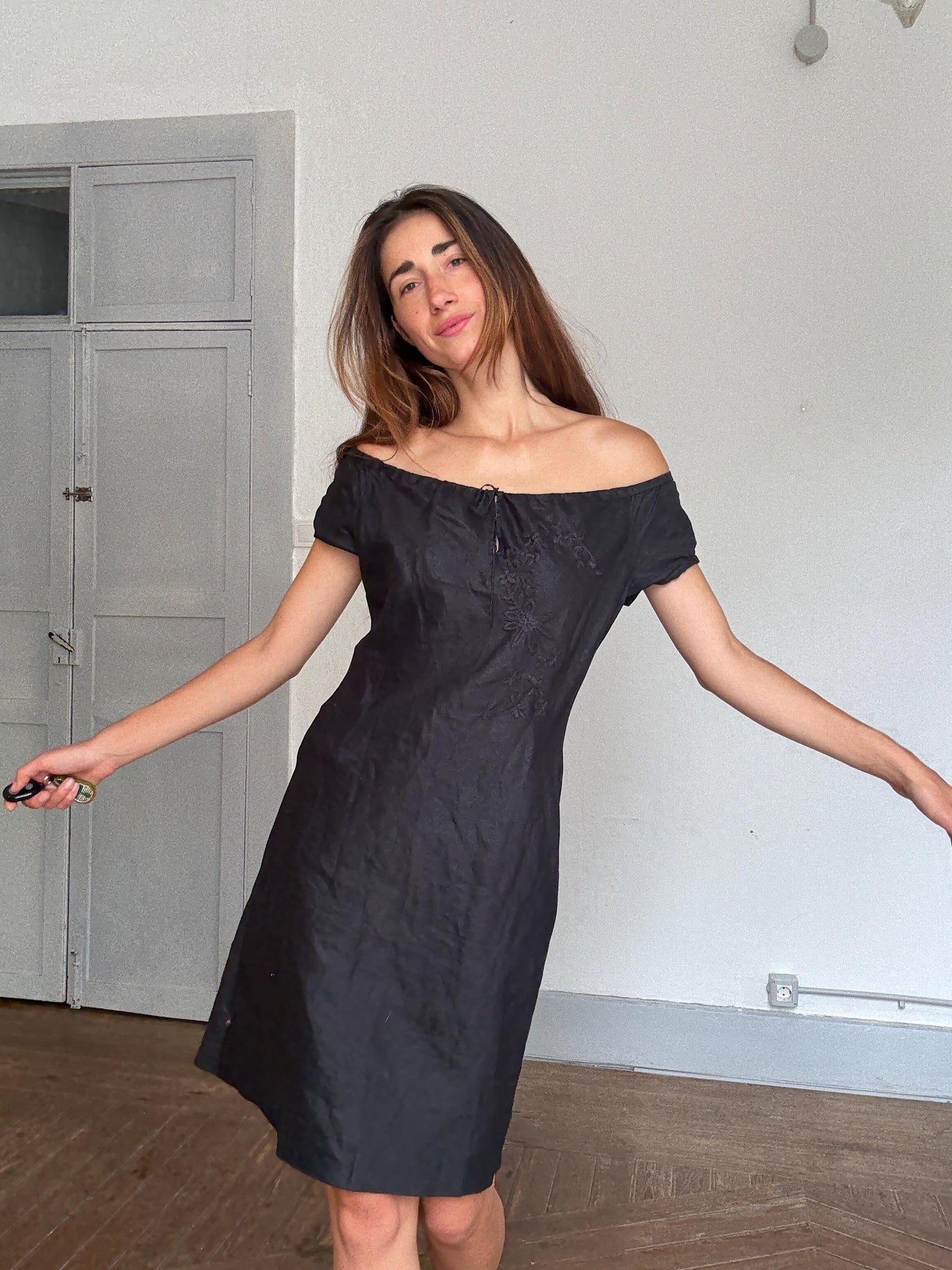 Black Floral Off-Shoulder Dress – United Colors of Benetton Style – Soft Synthetic Fabric – Size S by Measurements