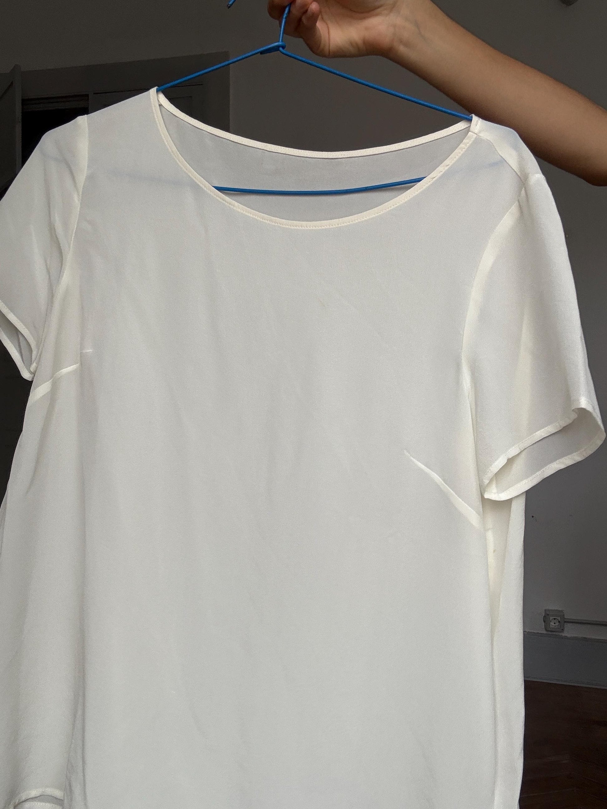 Minimalist white silk summer blouse – elegant sheer flowy top in US 10, breathable luxury for elevated warm weather looks