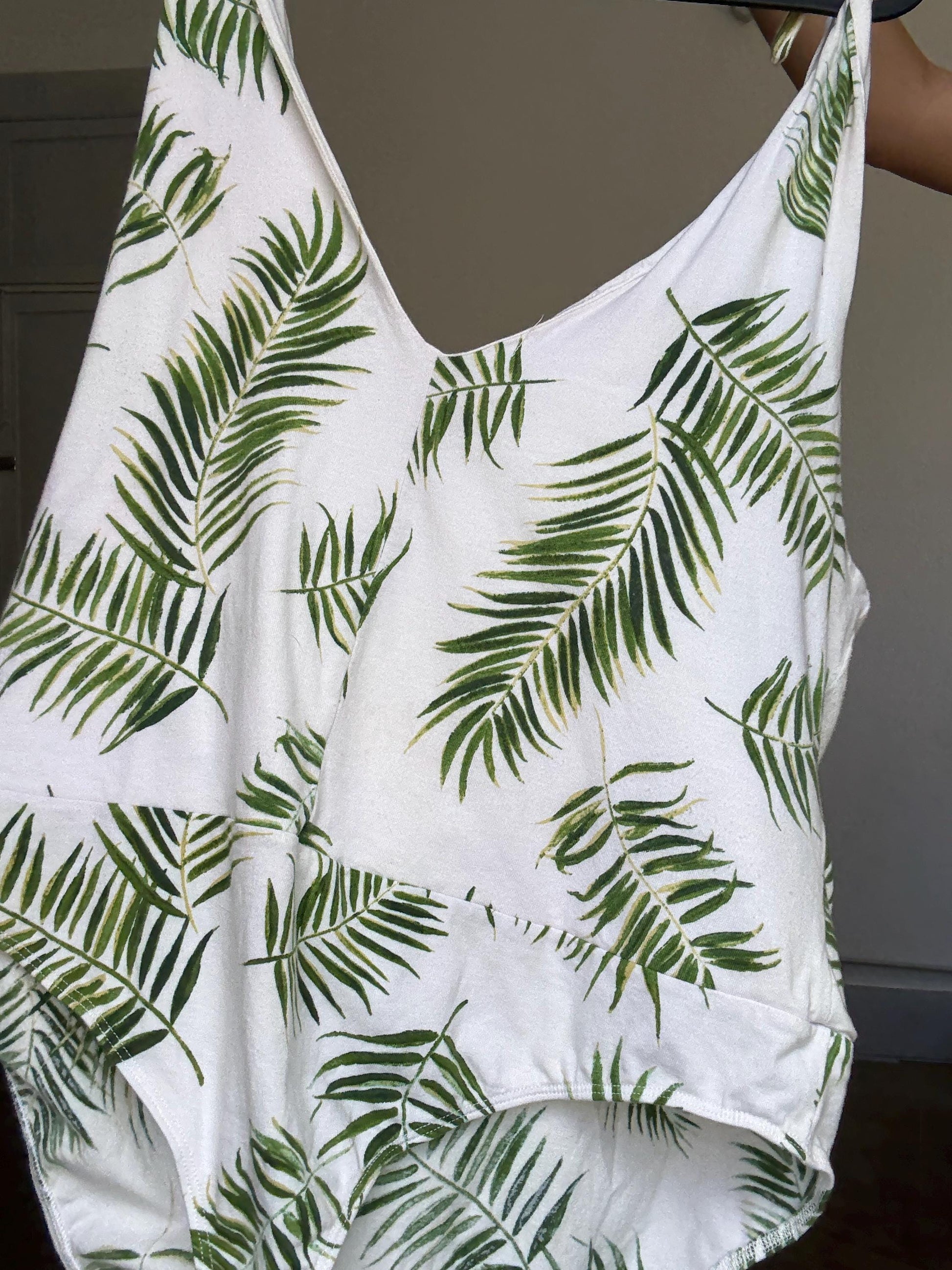Tropical palm leaf print white cotton bodysuit – adjustable tie straps, scoop back, button crotch, breathable summer essential