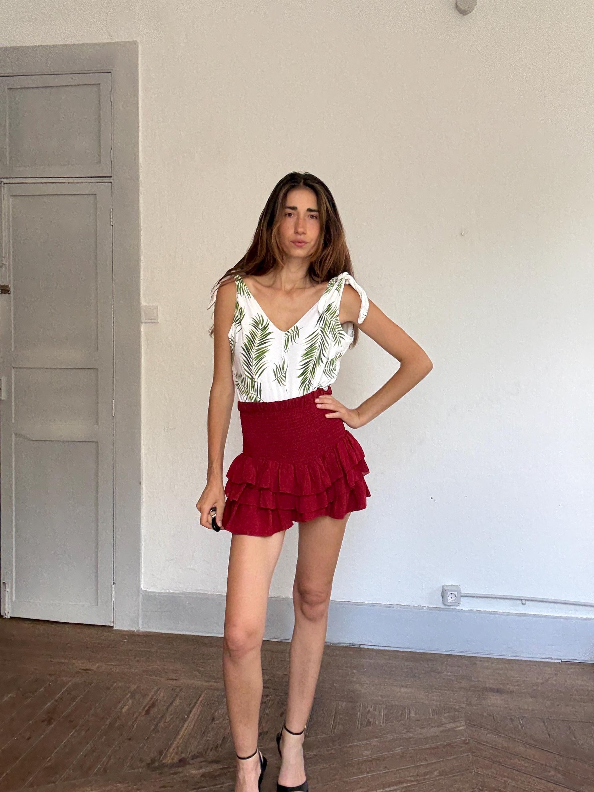 Tropical palm leaf print white cotton bodysuit – adjustable tie straps, scoop back, button crotch, breathable summer essential