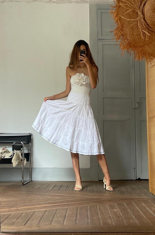 Vintage White A-Line Skirt, Midi High Waist Summer Skirt, Boho Cottagecore Style*