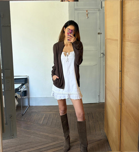 Chocolate brown vintage cotton - cashmere Massimo Dutti Luxe cardigan - Long sleeved vest, Super soft winter knit shirt, Designer Jumper, M