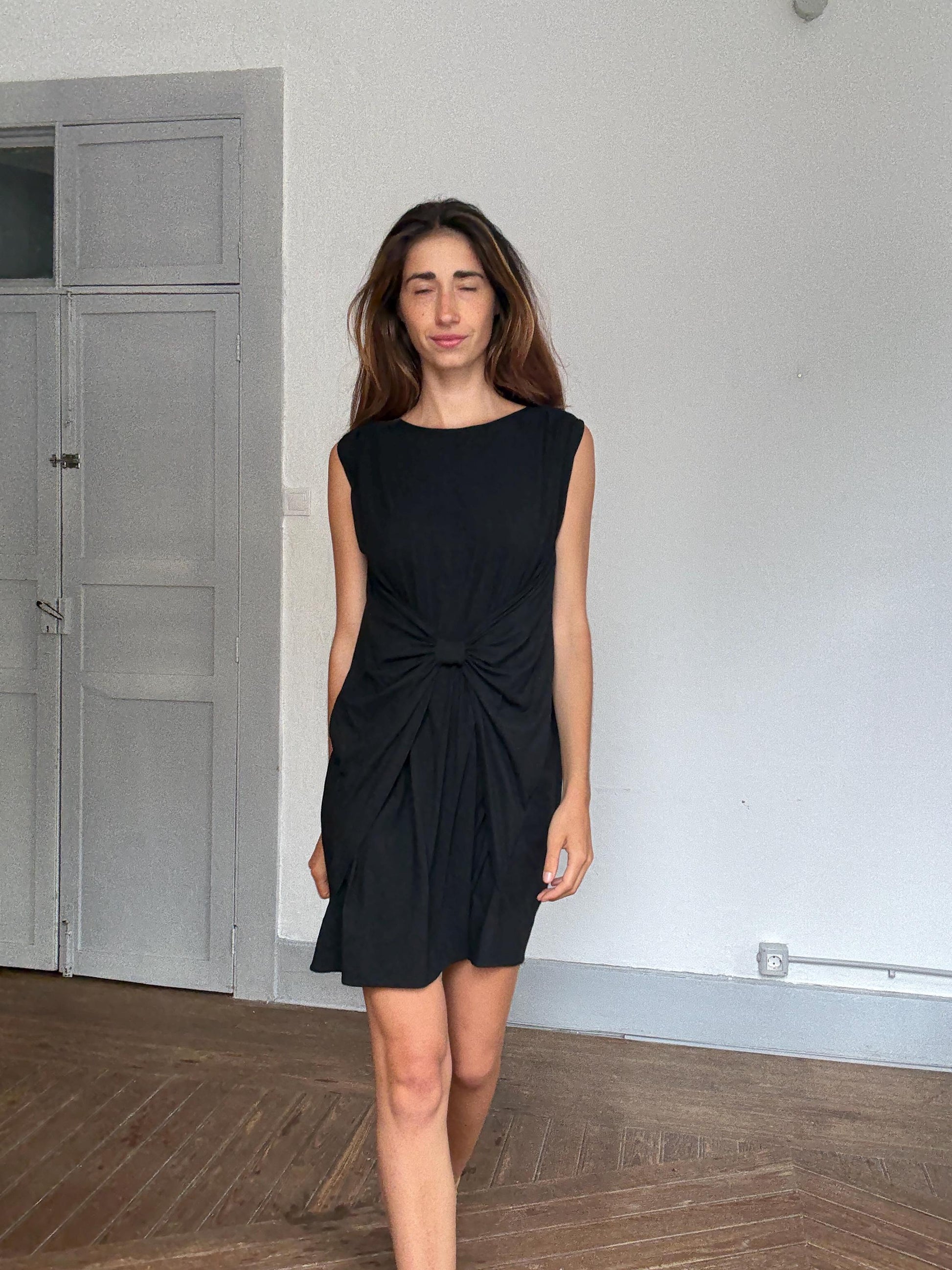 Italian simple black dress, Essential Twinset sleek Milan minimalism meets cool girl luxury outfit , Size S - M