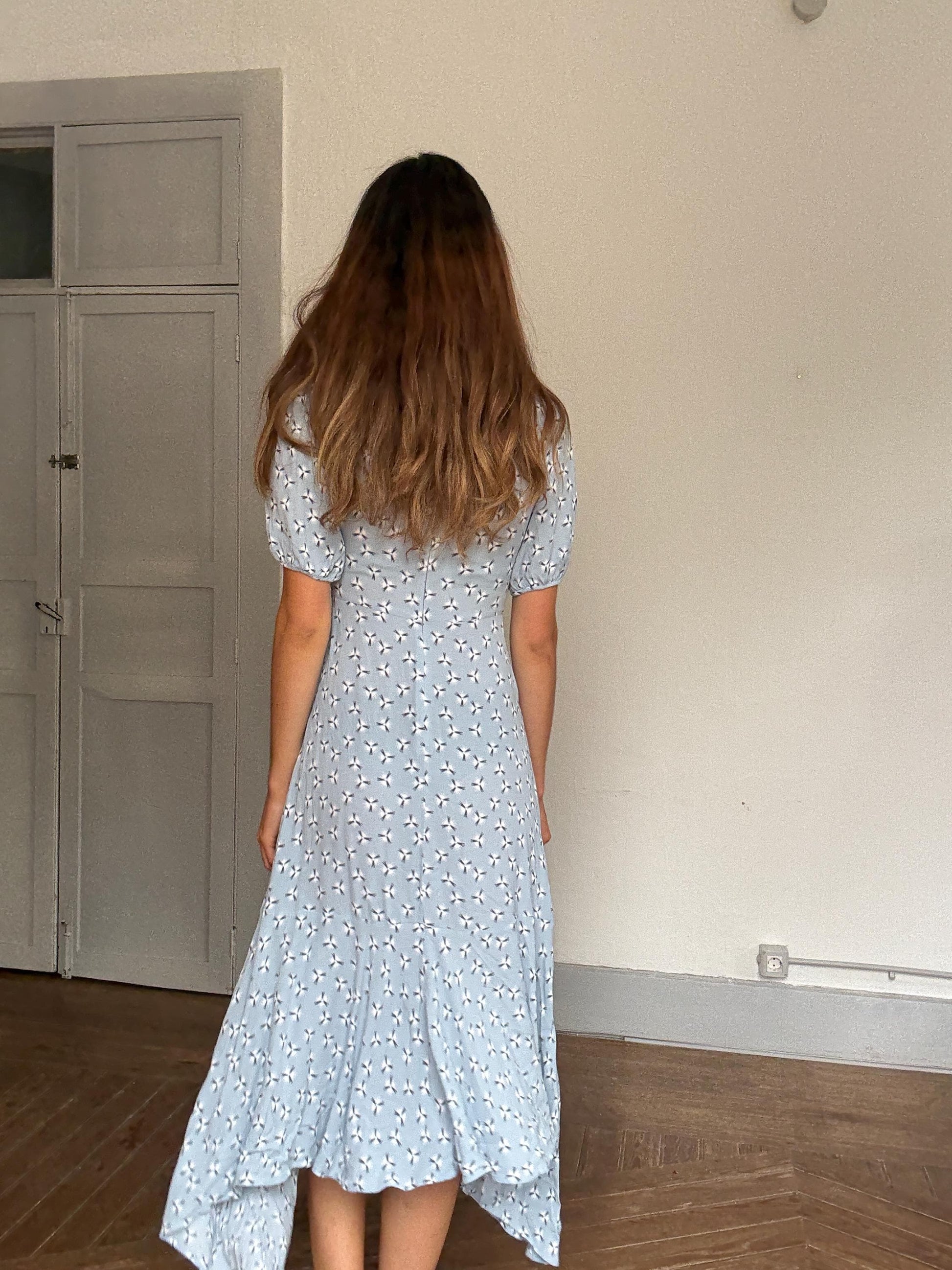 And Other Stories blue midi dress – puff sleeves, flared hem, abstract floral print, flattering waist, soft crepe, EUR 34, cottagecore chic