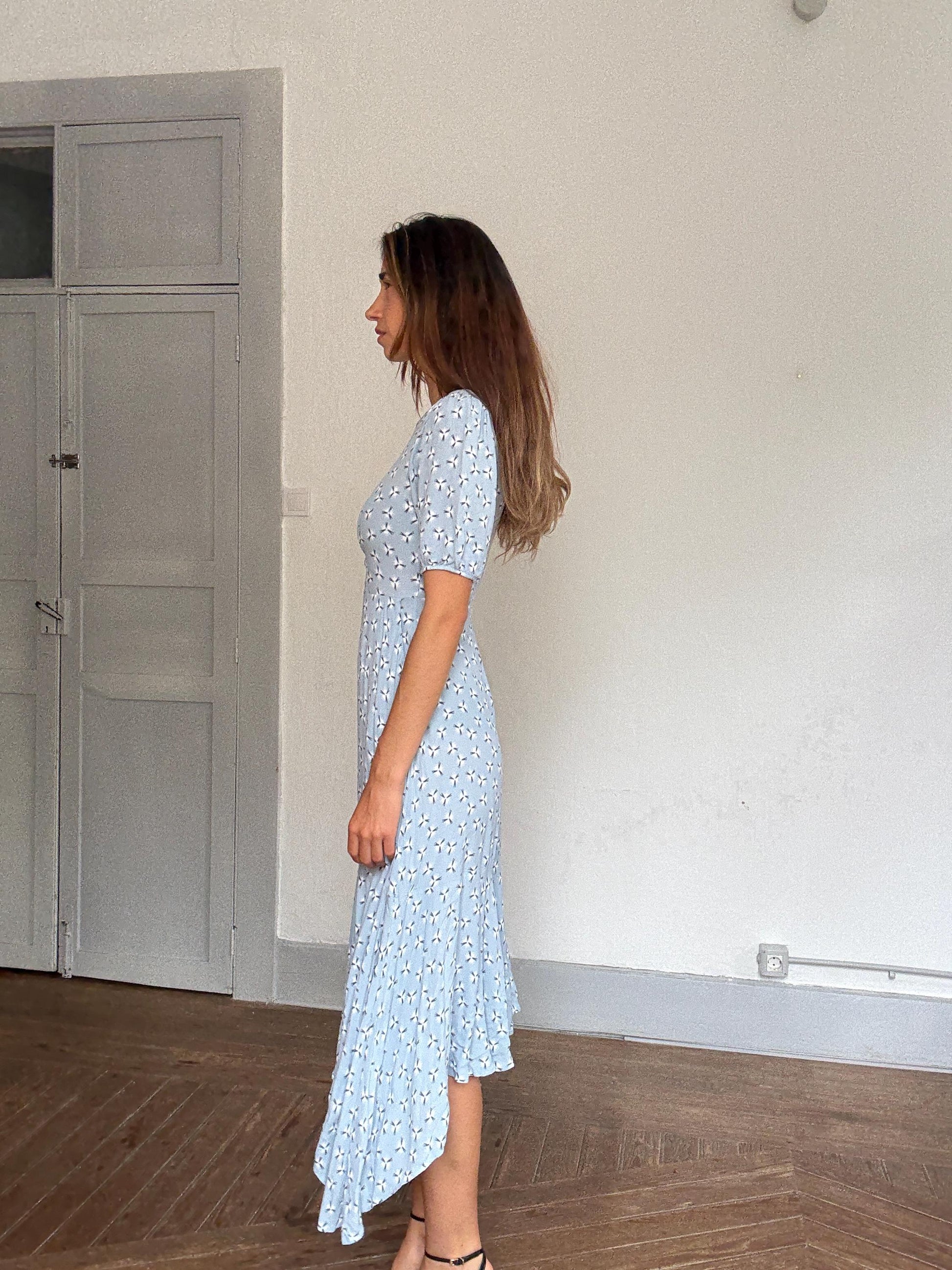 And Other Stories blue midi dress – puff sleeves, flared hem, abstract floral print, flattering waist, soft crepe, EUR 34, cottagecore chic