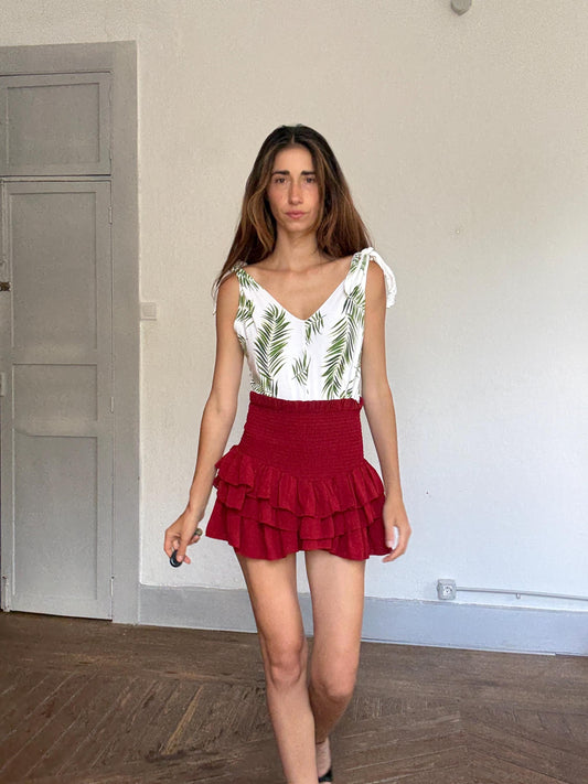 Tropical palm leaf print white cotton bodysuit – adjustable tie straps, scoop back, button crotch, breathable summer essential