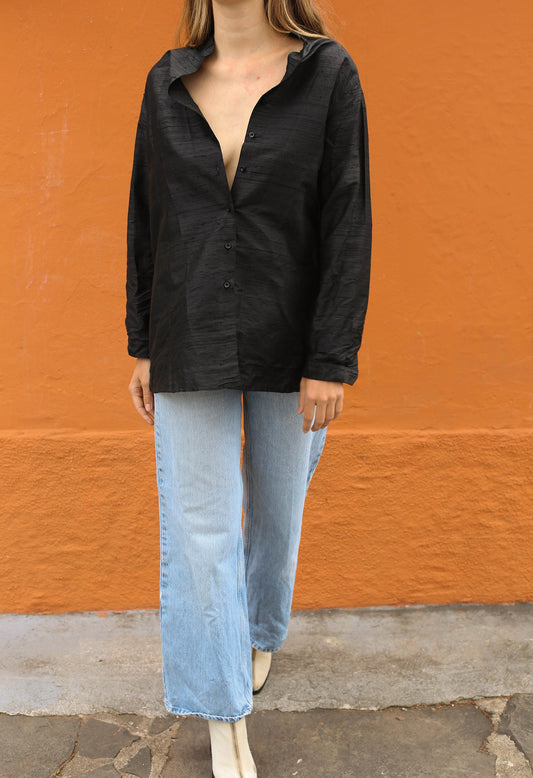 Vintage Balloon Silk Blouse – 100% Silk, Oversized Minimalist Shirt with Removable Shoulder Pads