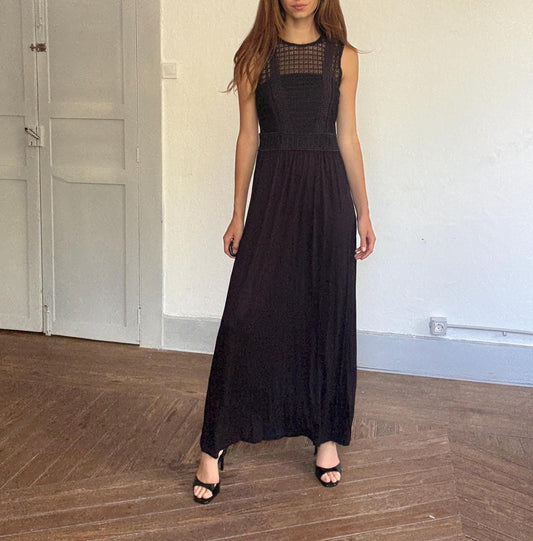 Black midi dress with lace crochet bodice, back zip & draped viscose skirt, boho chic evening look, breathable and flattering