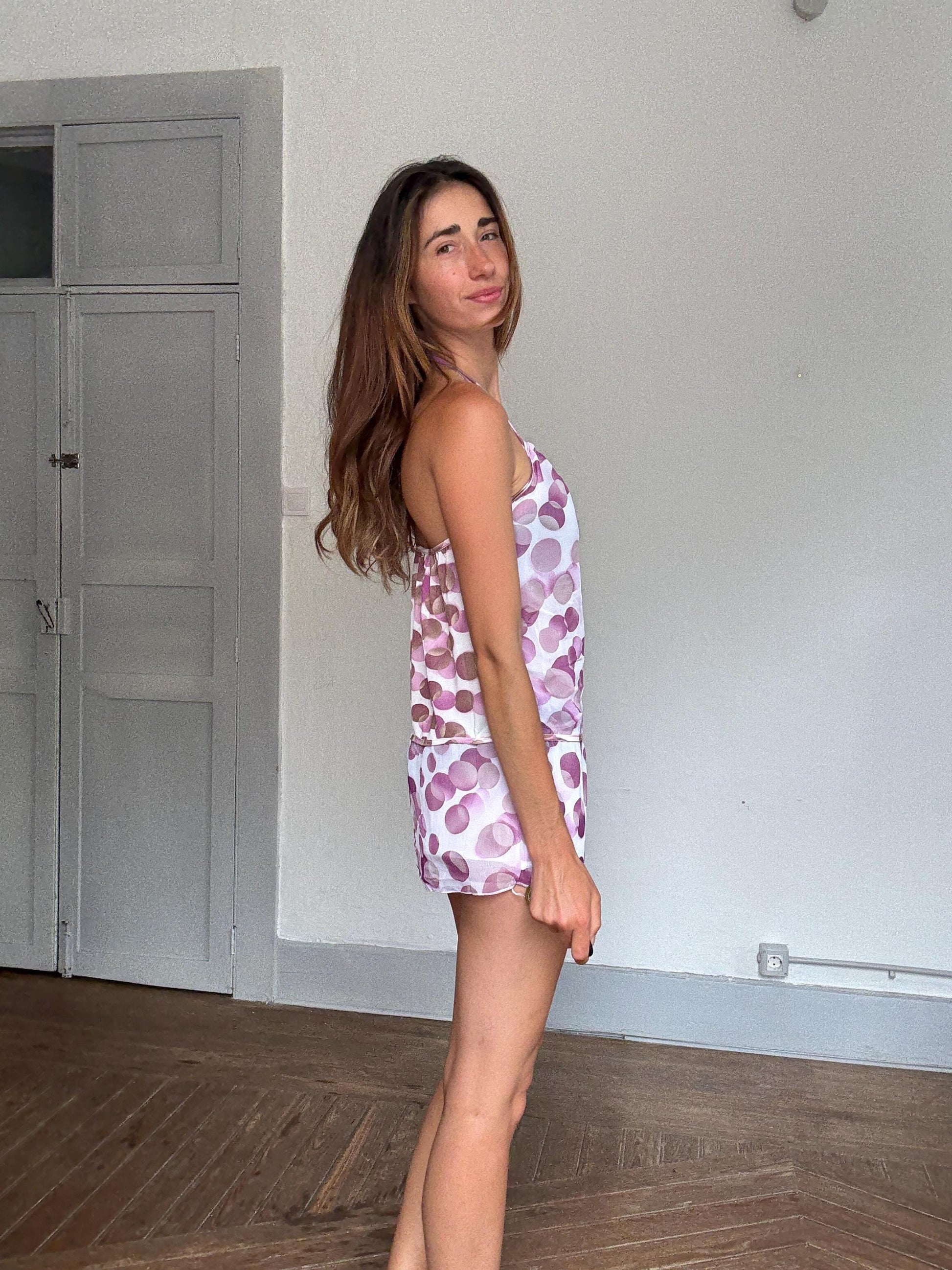 Playful sheer mini halter dress with purple bubble print – tie back & low back, ultra-light 2000s Y2K summer aesthetic