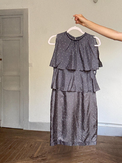 Polka Dot Silk Cocktail Dress with Ruffle Overlay — additional view 10
