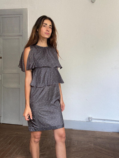 Polka Dot Silk Cocktail Dress with Ruffle Overlay — back view