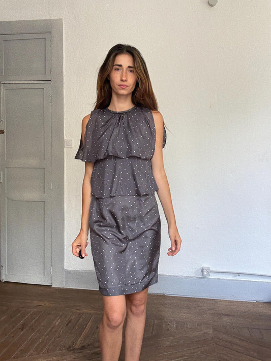 Hoss Intropia polka dot silk cocktail dress – double ruffle overlay, sleeveless, flowy fit with keyhole neck & back clasp