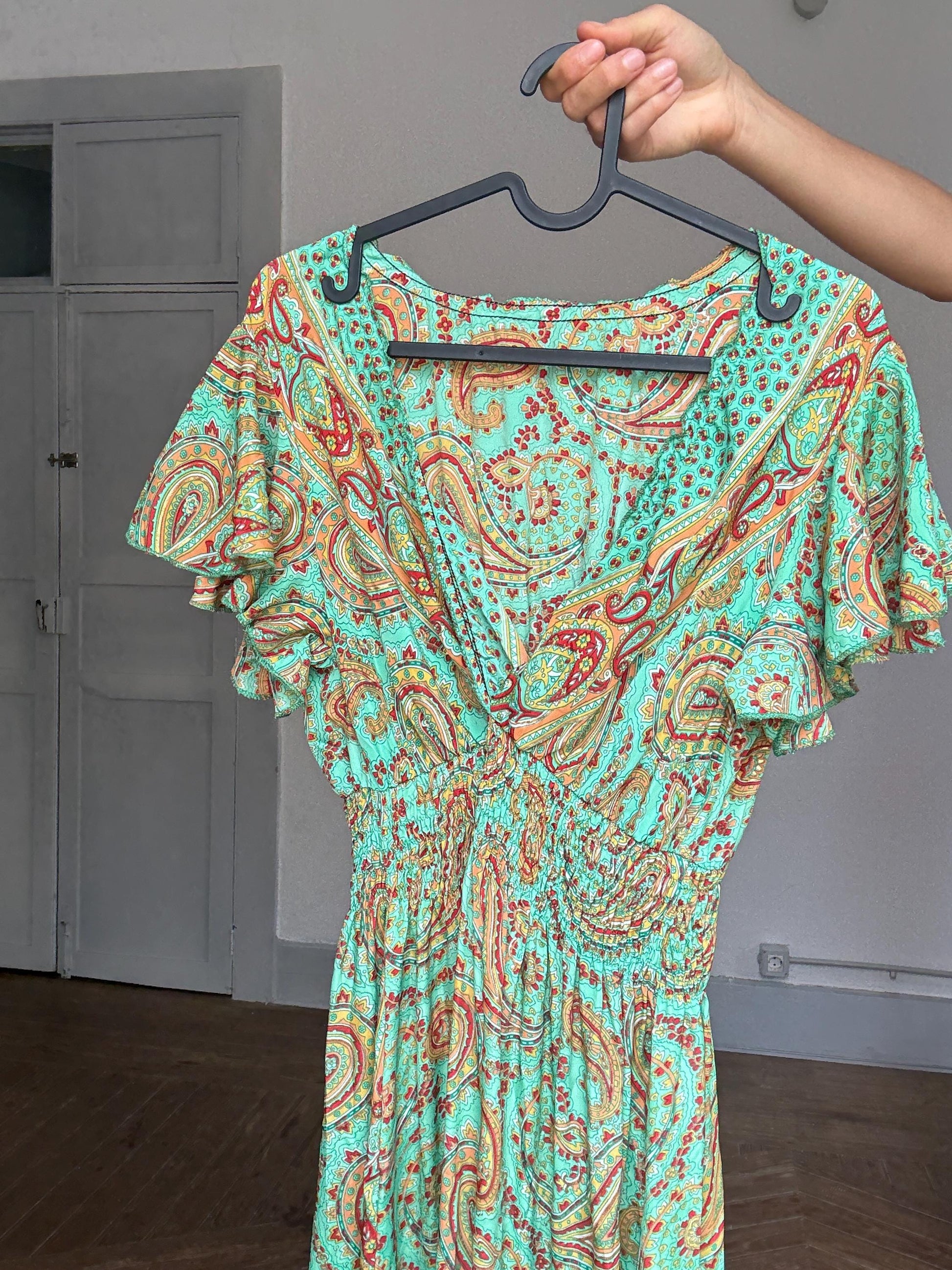Boho Green Paisley Maxi Dress – Cottagecore Wedding Guest or Mamma Mia Summer Look, Size s