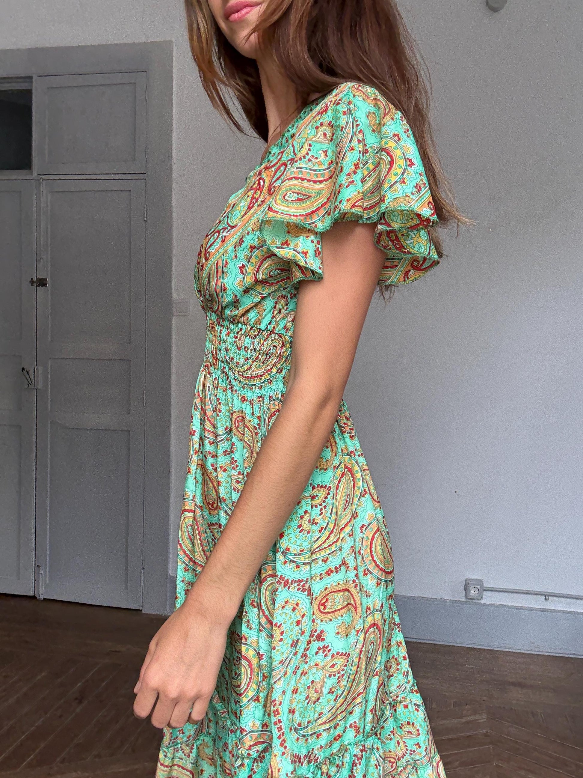 Boho Green Paisley Maxi Dress – Cottagecore Wedding Guest or Mamma Mia Summer Look, Size s