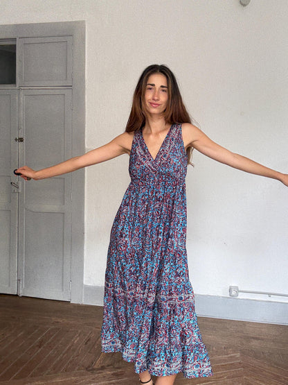 Boho Blue Paisley Maxi Dress — fabric close-up