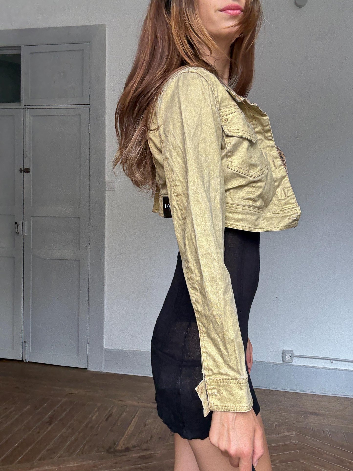 Y2K Gold Cropped Jacket with Leopard Lining – Paris Hilton Meets Euphoria Vibes, Cute sexy gold and leopard print mini woman coat, Size M