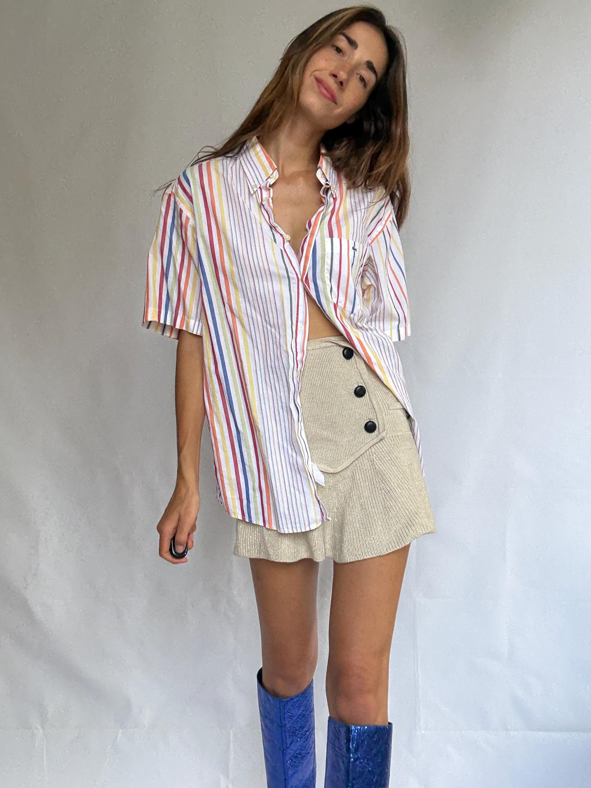 Vintage Lacoste rainbow stripe short sleeve shirt, 100% cotton, oversized fit, preppy retro vibes, unisex classic button-up, Size 42, M-L