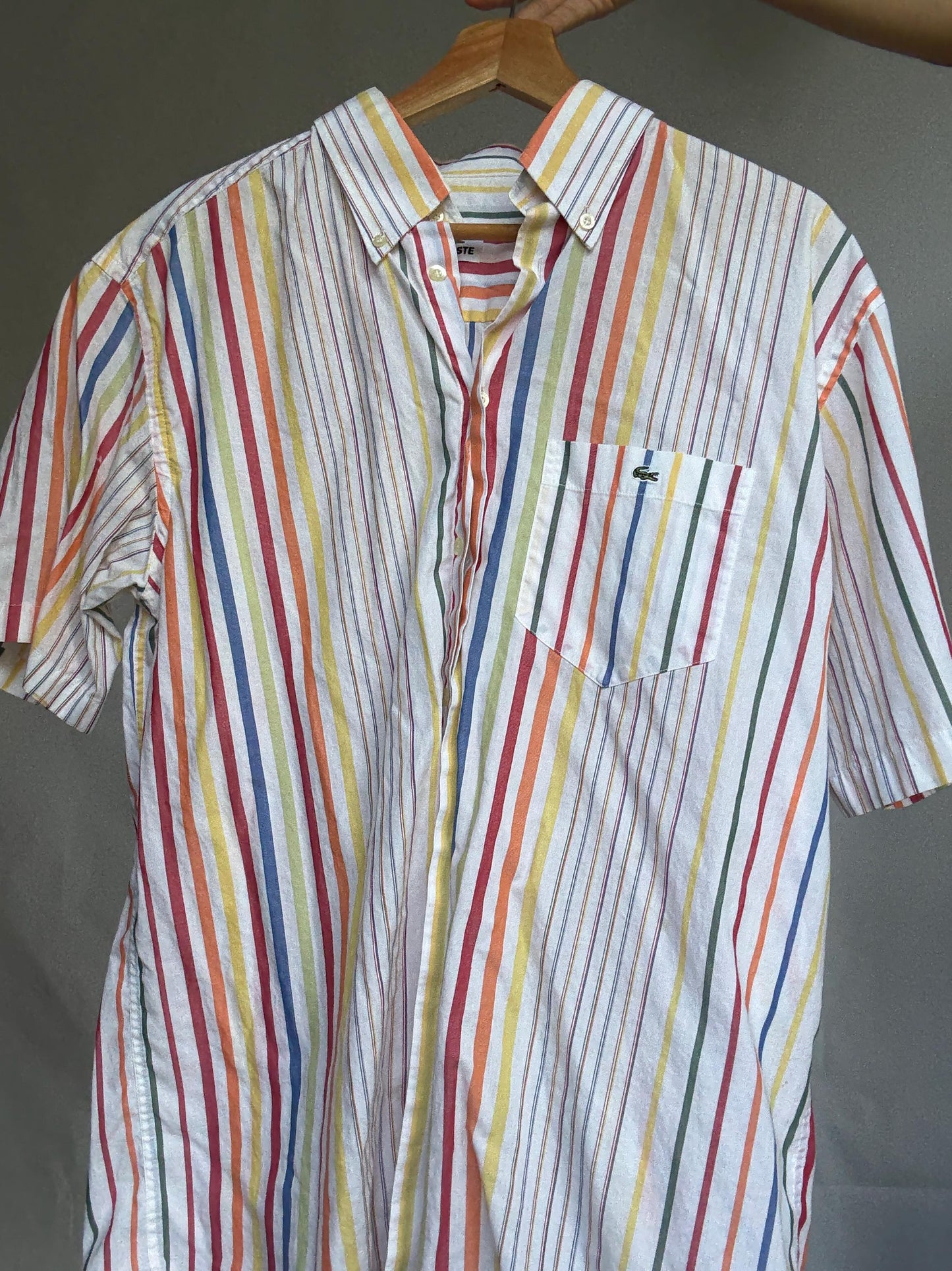 Vintage Lacoste rainbow stripe short sleeve shirt, 100% cotton, oversized fit, preppy retro vibes, unisex classic button-up, Size 42, M-L