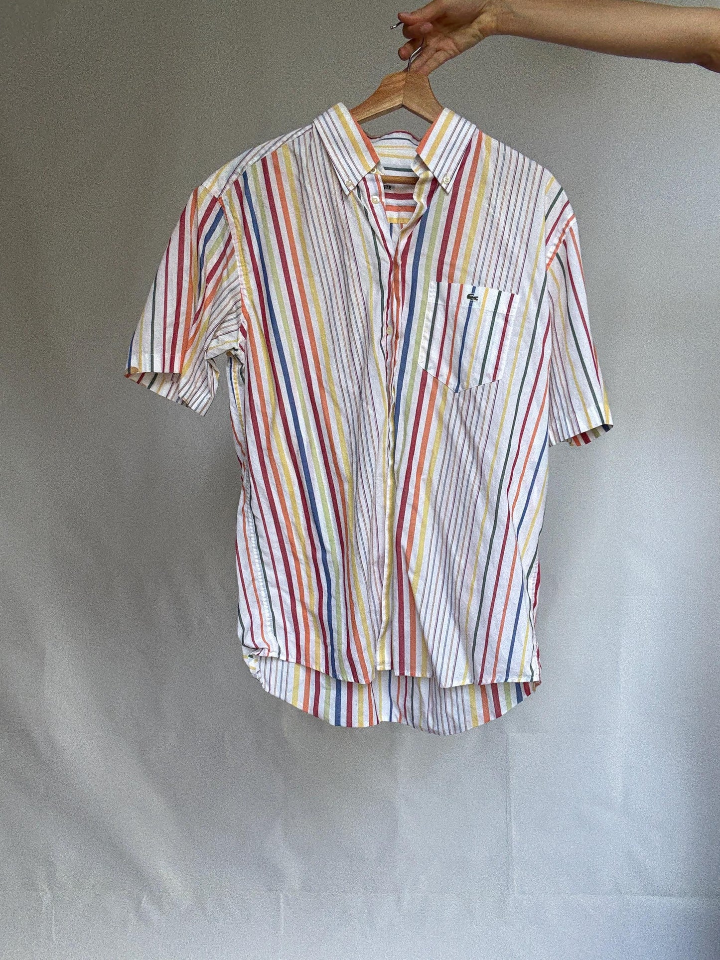 Vintage Lacoste rainbow stripe short sleeve shirt, 100% cotton, oversized fit, preppy retro vibes, unisex classic button-up, Size 42, M-L
