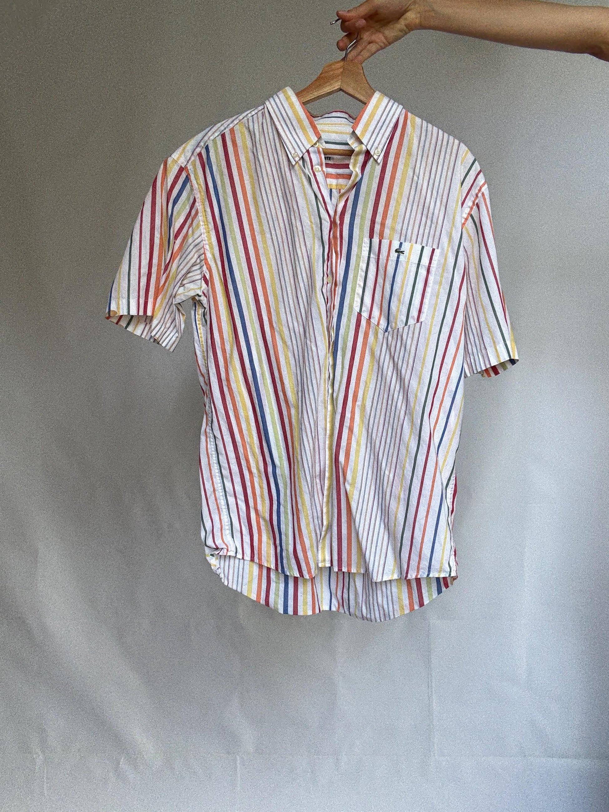 Vintage Lacoste rainbow stripe short sleeve shirt, 100% cotton, oversized fit, preppy retro vibes, unisex classic button-up, Size 42, M-L