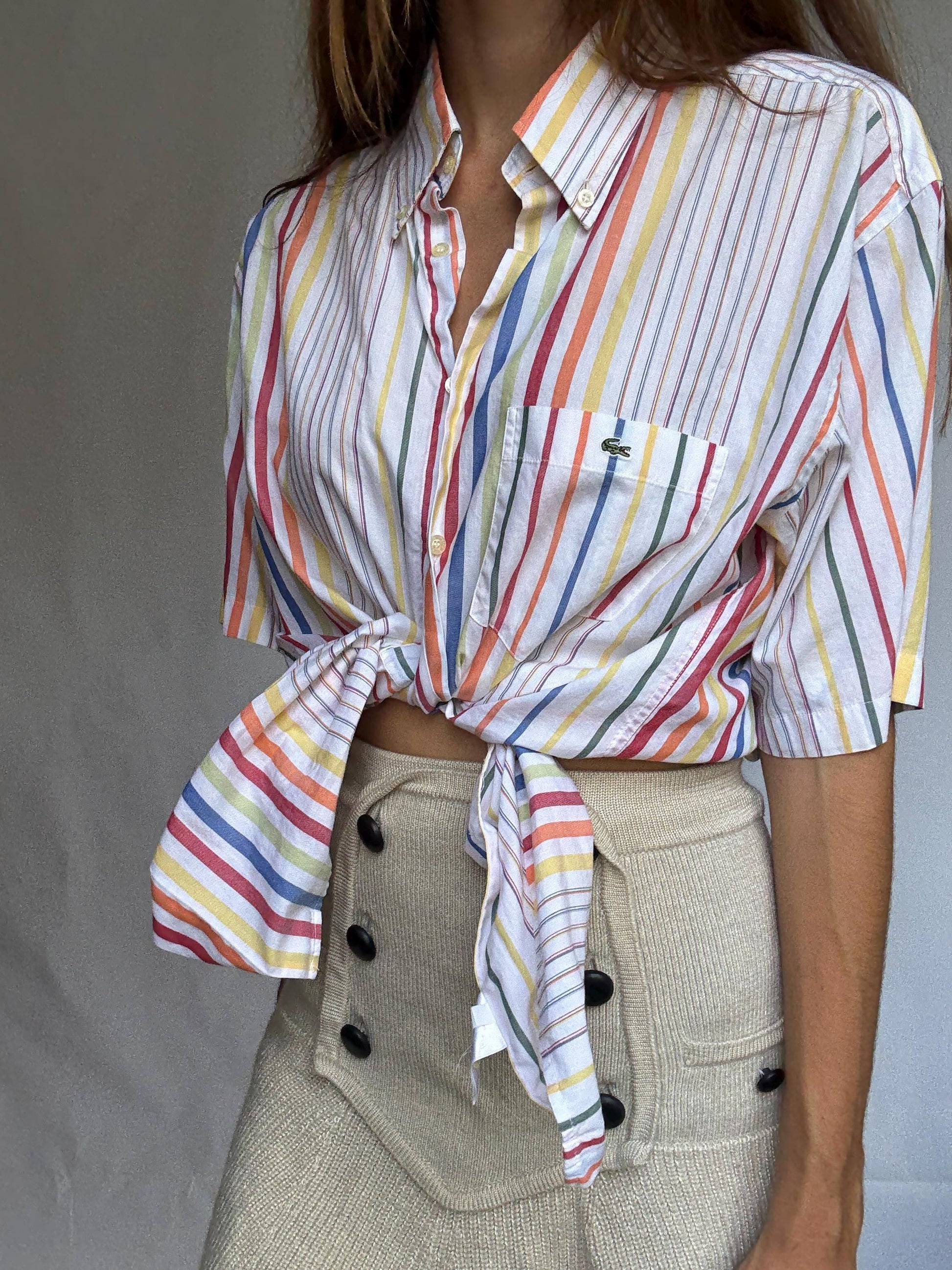 Vintage Lacoste rainbow stripe short sleeve shirt, 100% cotton, oversized fit, preppy retro vibes, unisex classic button-up, Size 42, M-L