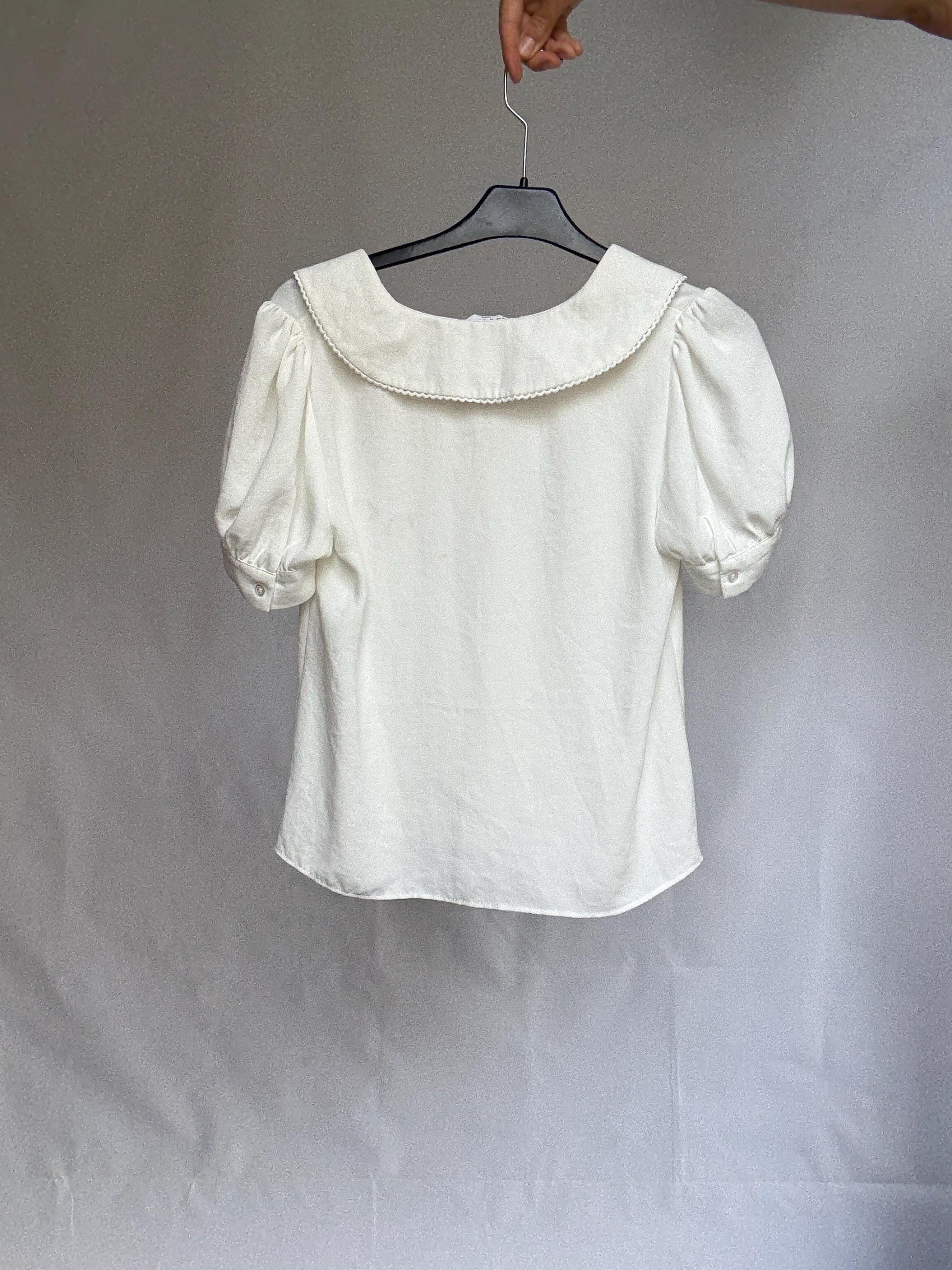 Vintage Naf Naf Paris blouse with peter pan collar, white short sleeve button-up, size 36 romantic French style top