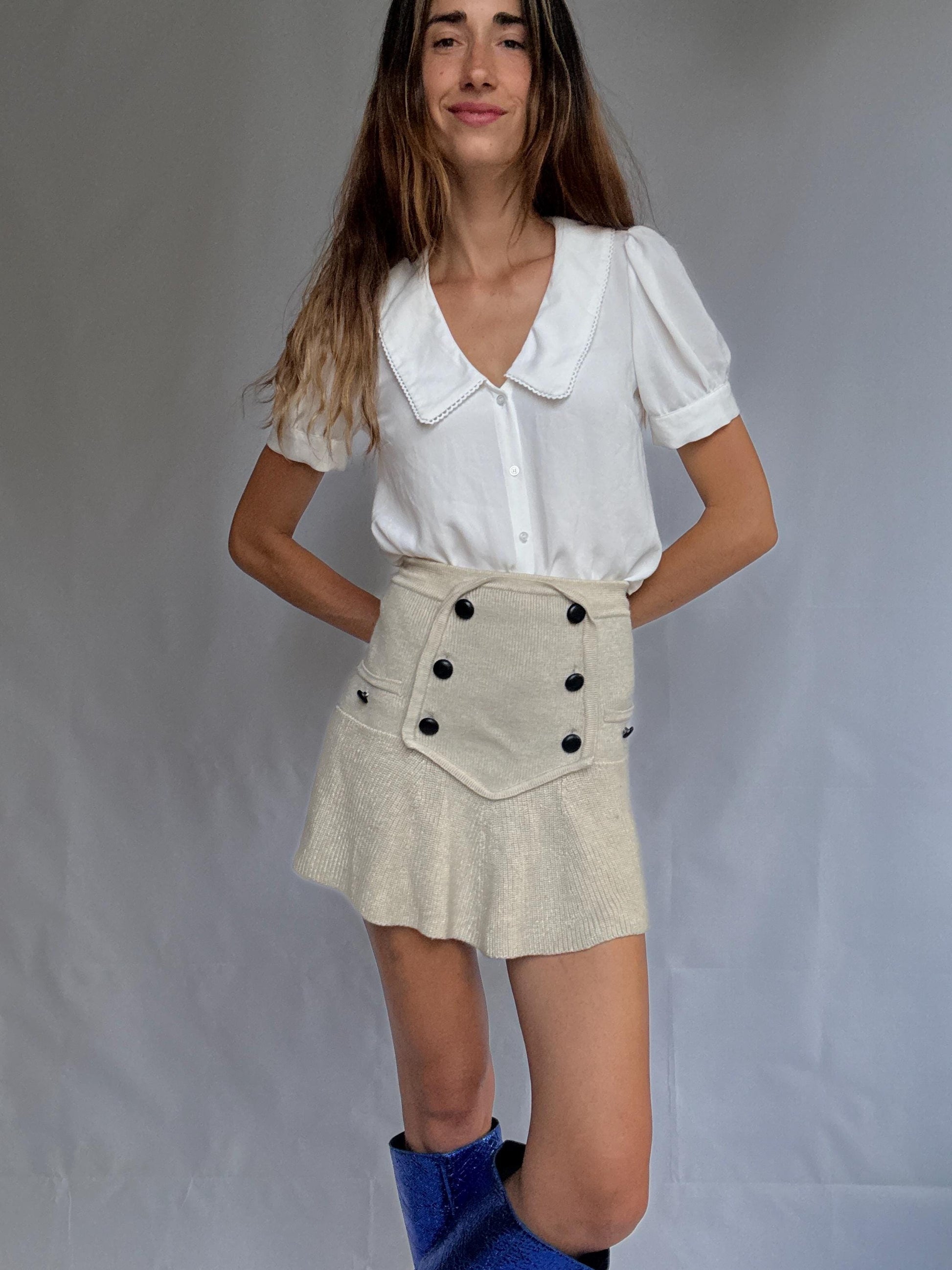 Vintage Naf Naf Paris blouse with peter pan collar, white short sleeve button-up, size 36 romantic French style top